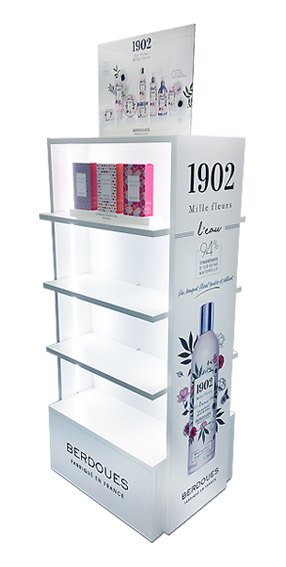 PLV de sol étagères blanc + imprimés et rétroéclairage pour BERDOUES