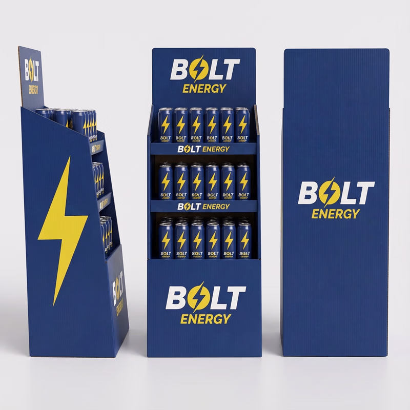 3 vues 3D d'une plv de sol en carton pour des boissons énergisantes "BOLT ENERGY"