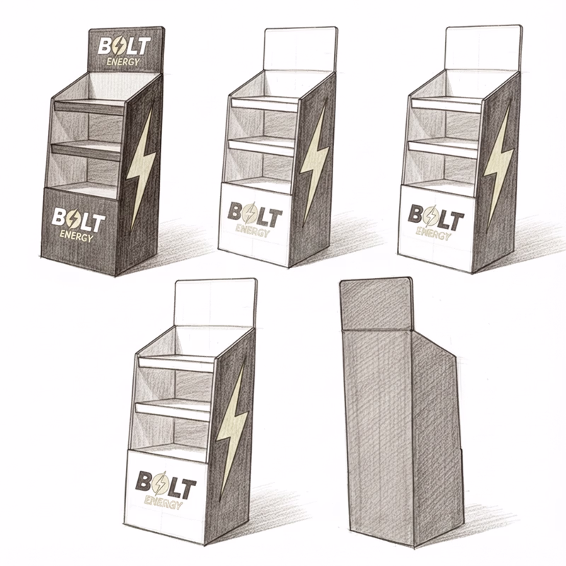 3 vues crayonnées d'une plv de sol carton pour des boissons énergisantes "BOLT ENERGY"