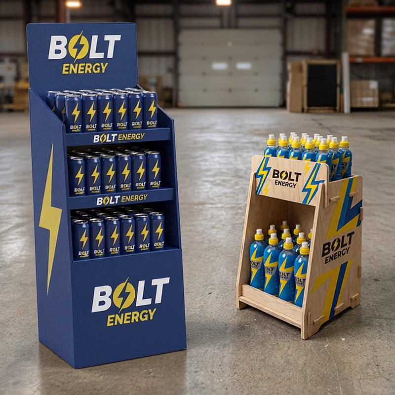 Vue des prototypes imprimés de la plv de comptoir en bois et de la plv de sol carton