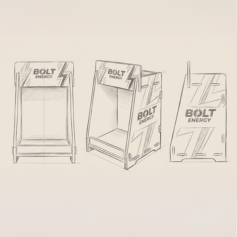 3 vues crayonnées d'une plv de comptoir en bois à 2 étages pour des boissons énergisantes "BOLT ENERGY"