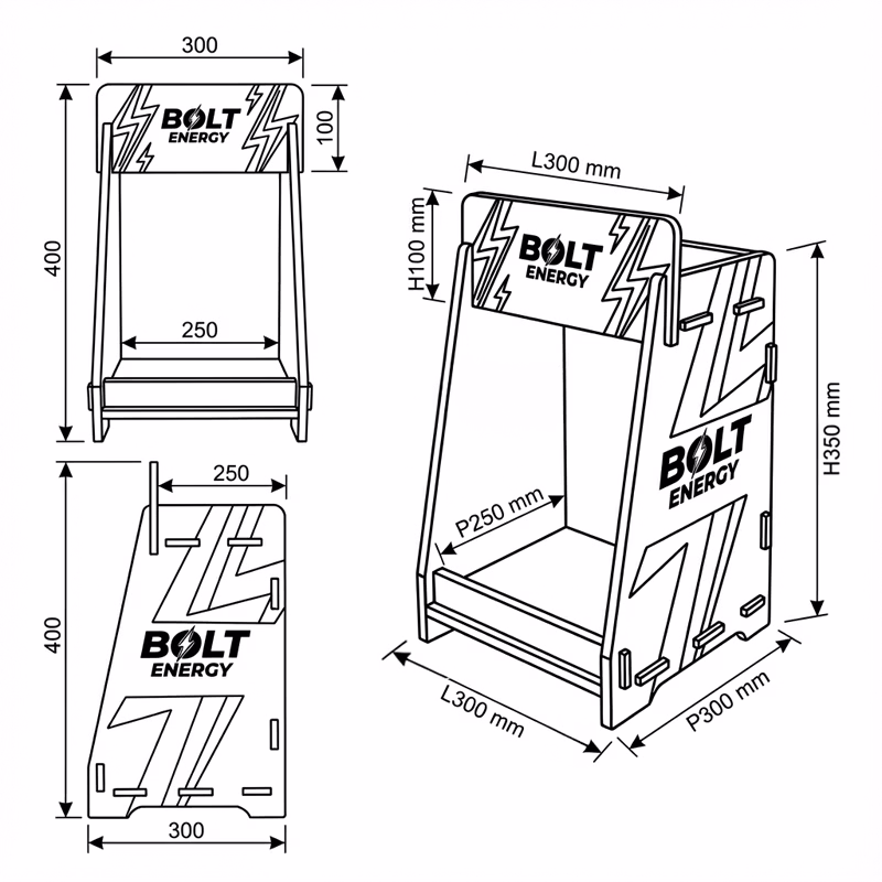 3 vues en filaire côté d'une plv de comptoir en bois à 2 étages pour des boissons énergisantes "BOLT ENERGY"