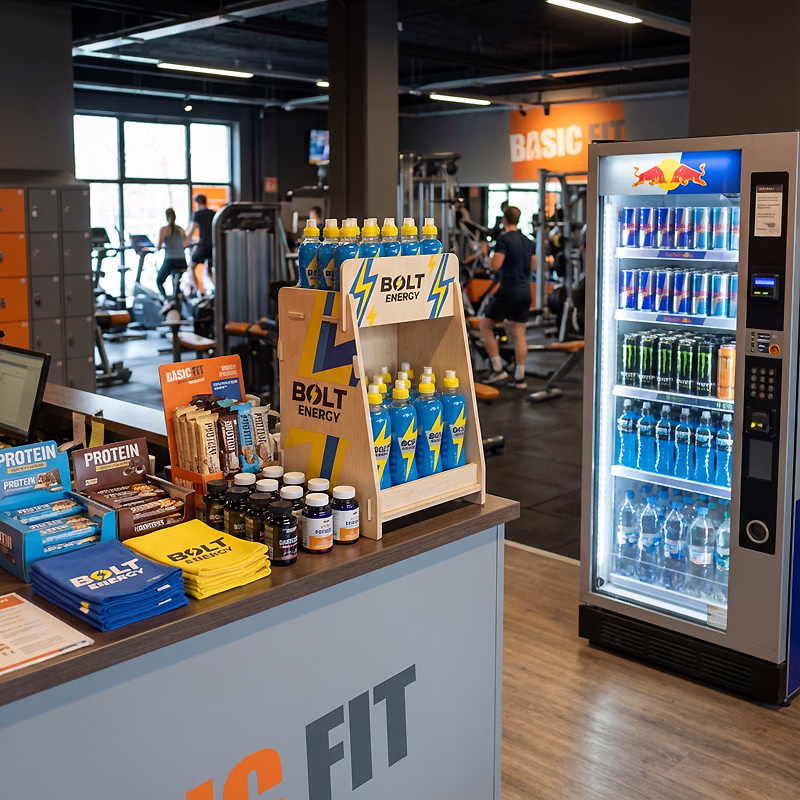 Vue de la PLV "BOLT ENERGY" livrée et posée sur un comptoir dans un centre de remise en forme
