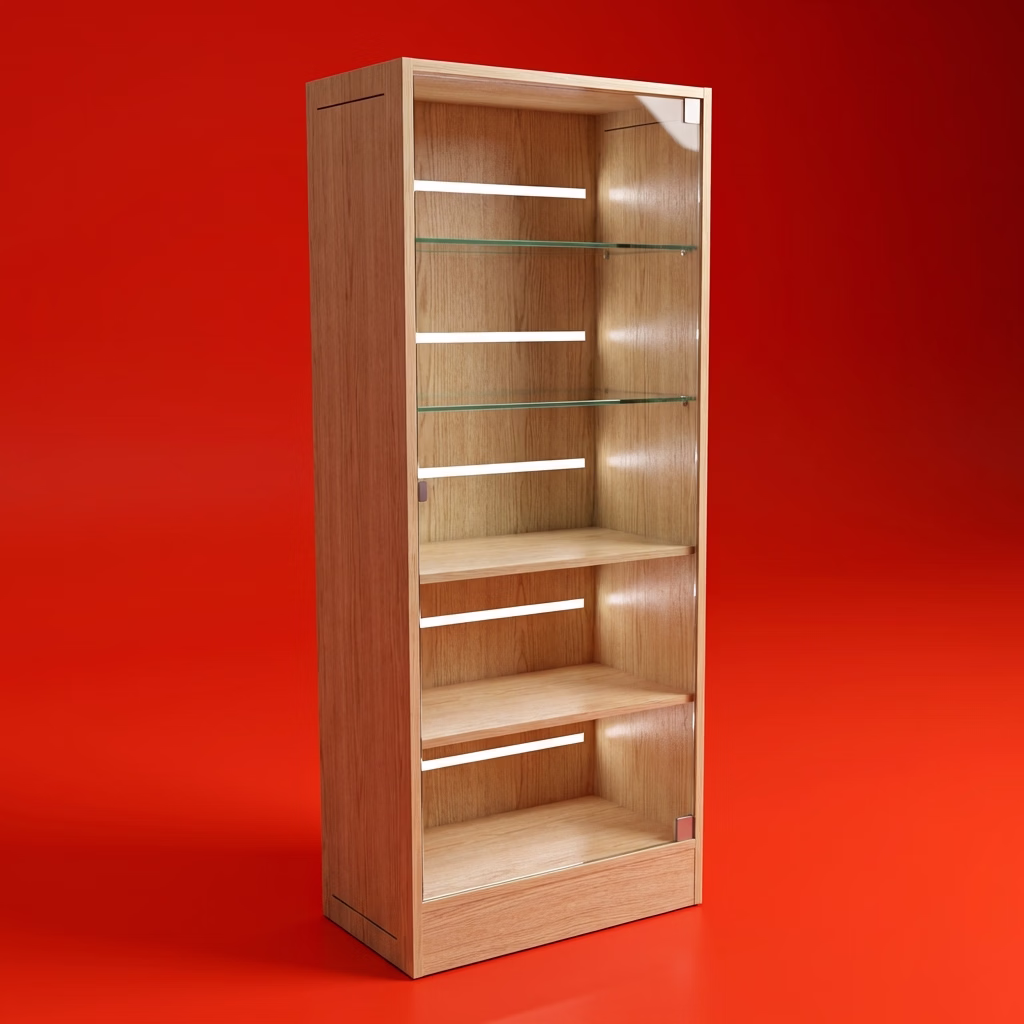 Meuble bois vitré et rétro éclairé. Plateaux étagères en verre.