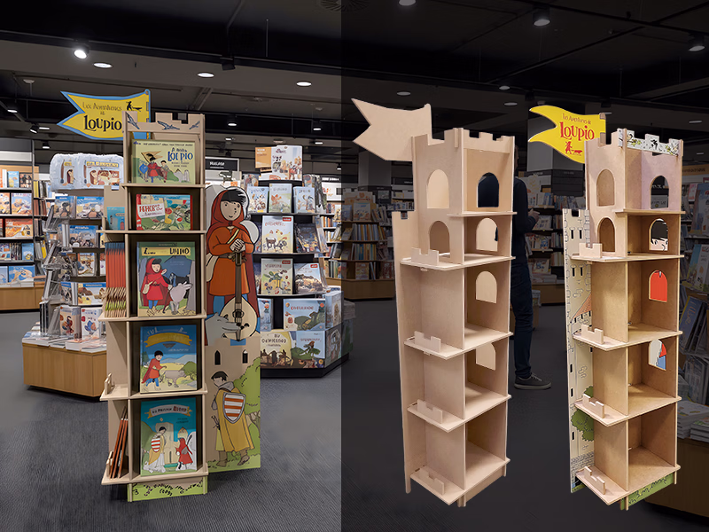 Prototype plb bois blanc et imprimé et en fond la PLV mise en situation dans une surface de vente.